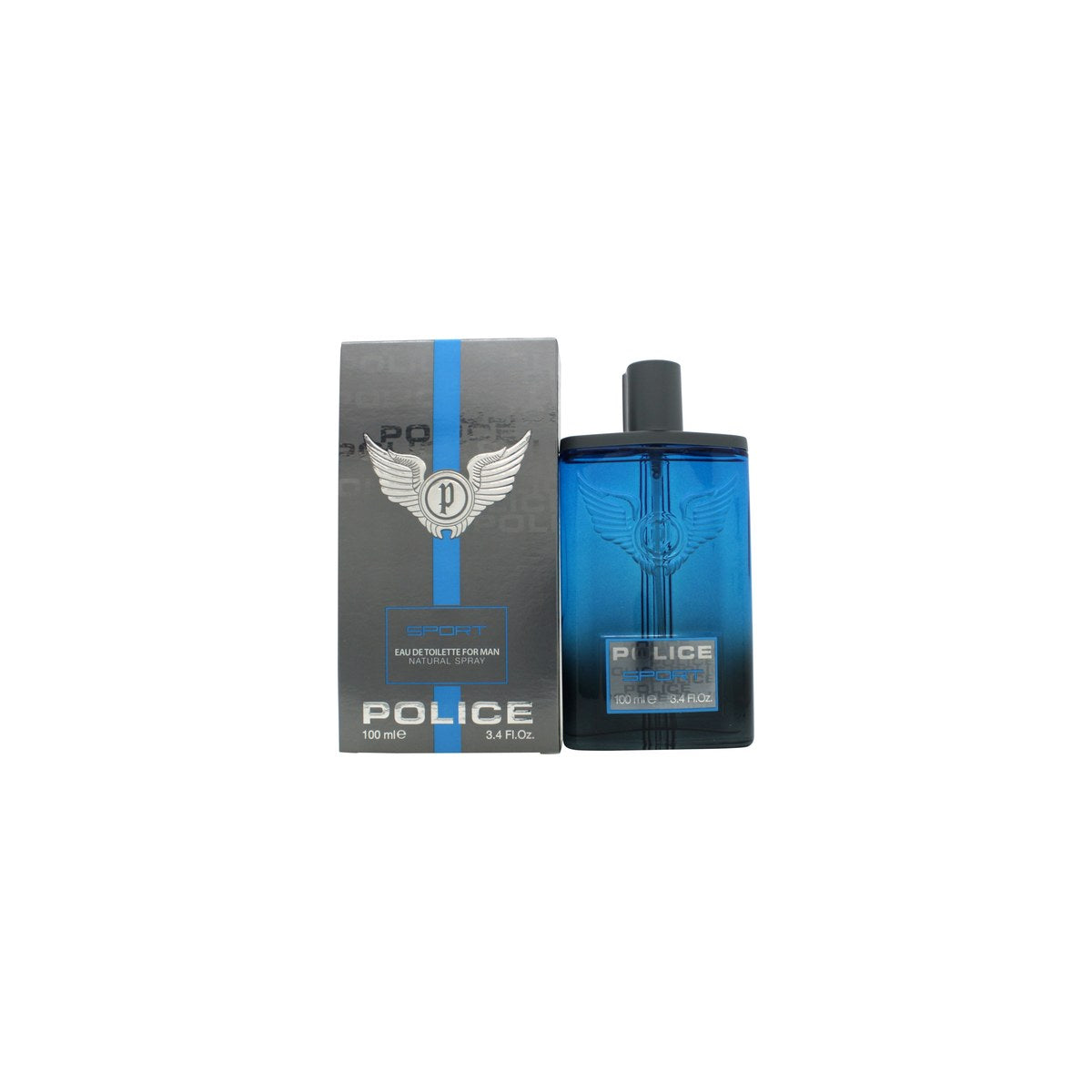 Police Sport Eau de Toilette 100ml fra Police i 100 ml blå, rektangulær glasflaske med sort låg og markant logo
