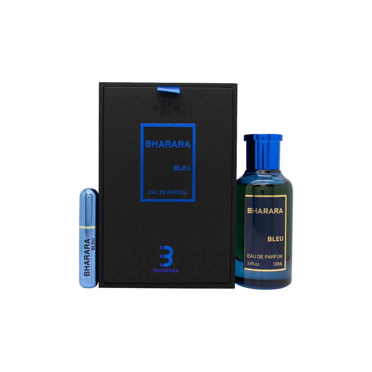 Bharara Bleu Eau de Parfum 100ml fra Bharara Beauty 100 ml i dybblå firkantet glasflaske med guldkork og logo på front