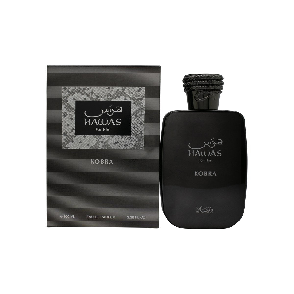 Rasasi Hawas Kobra Eau de Parfum 100 ml, Rasasi, mørk blå slangepræget flakon med kobra-detalje og gulddispenser