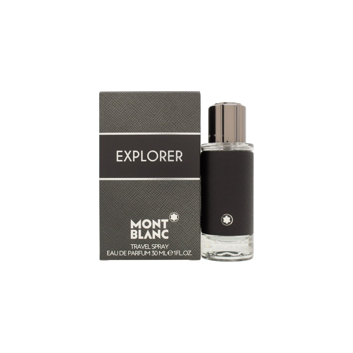 Mont Blanc Explorer Eau de Parfum, Mont Blanc 30 ml – sort cylindrisk flakon med sølvdetaljer og tekstureret læderlook.