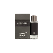 Mont Blanc Explorer Eau de Parfum, Mont Blanc 30 ml – sort cylindrisk flakon med sølvdetaljer og tekstureret læderlook.