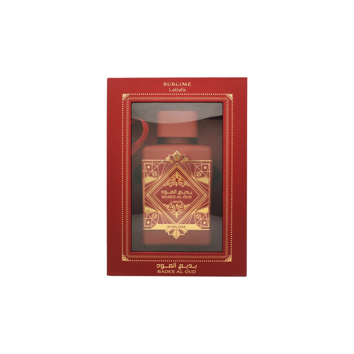 Lattafa Bade'e Al Oud Sublime Eau de Parfum, Lattafa, 100 ml – mørk lilla flakon med gyldent låg og ornamenteret front.