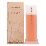 Roma Eau De Toilette Laura Biagiotti 100 ml, klar glasflaske i søjleform med gylden væske og riflet guldlåg