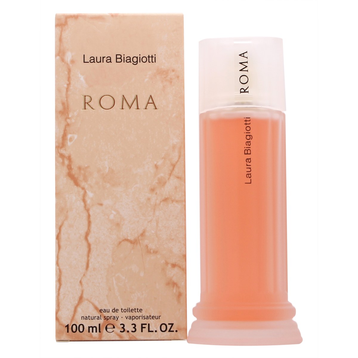 Roma Eau De Toilette Laura Biagiotti 100 ml, klar glasflaske i søjleform med gylden væske og riflet guldlåg