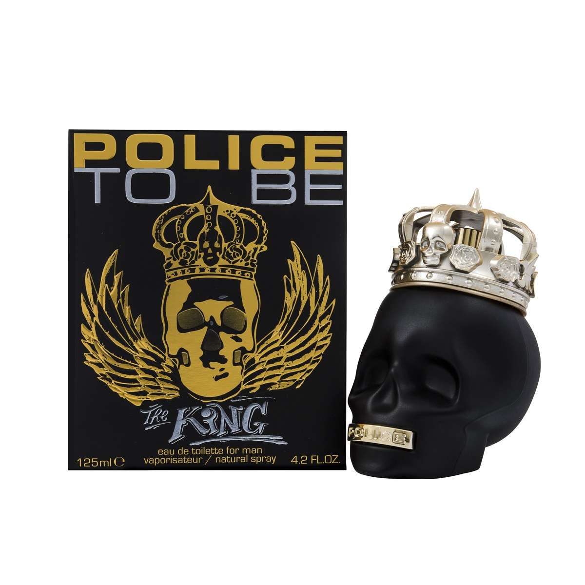 Police To Be The King Eau de Toilette 125ml fra Police, 125 ml – mørk kranieformet flakon med guldkronelåg og dybblå finish