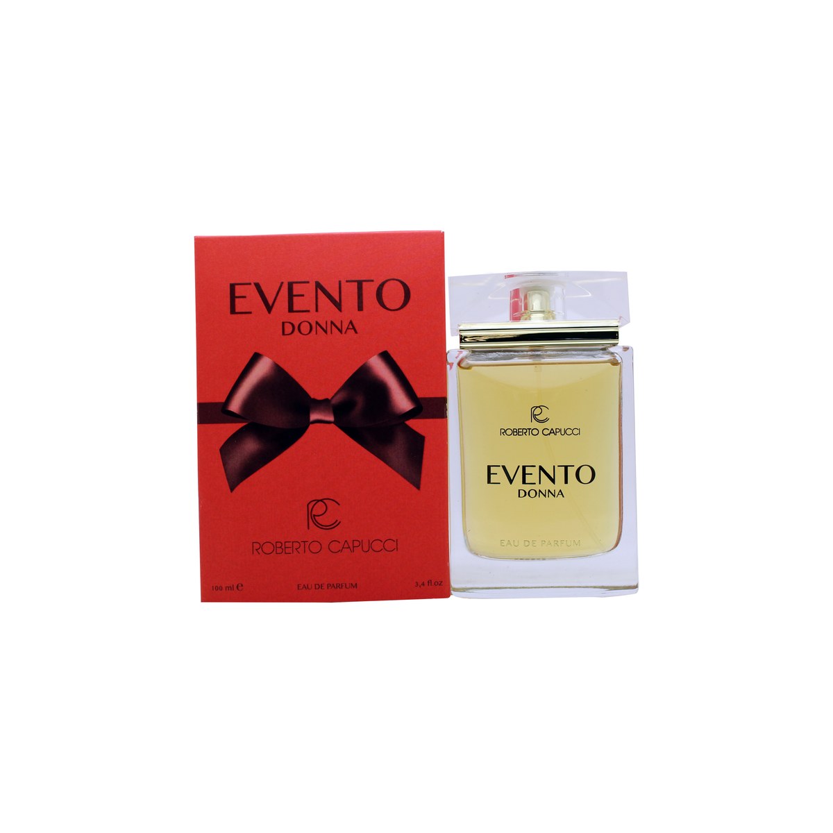 Roberto Capucci Evento Donna Eau de Parfum 100 ml fra Capucci i elegant, klart glasflakon med guldlåg og bløde linjer.