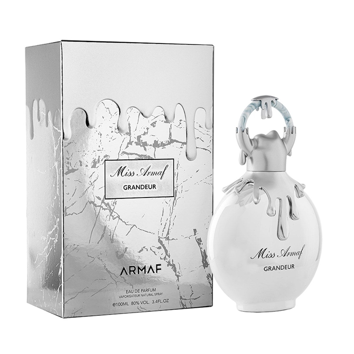 Miss Armaf Grandeur Eau De Parfum, Armaf, 100 ml – rosa flakon med guldfarvet låg og rund, elegant form.