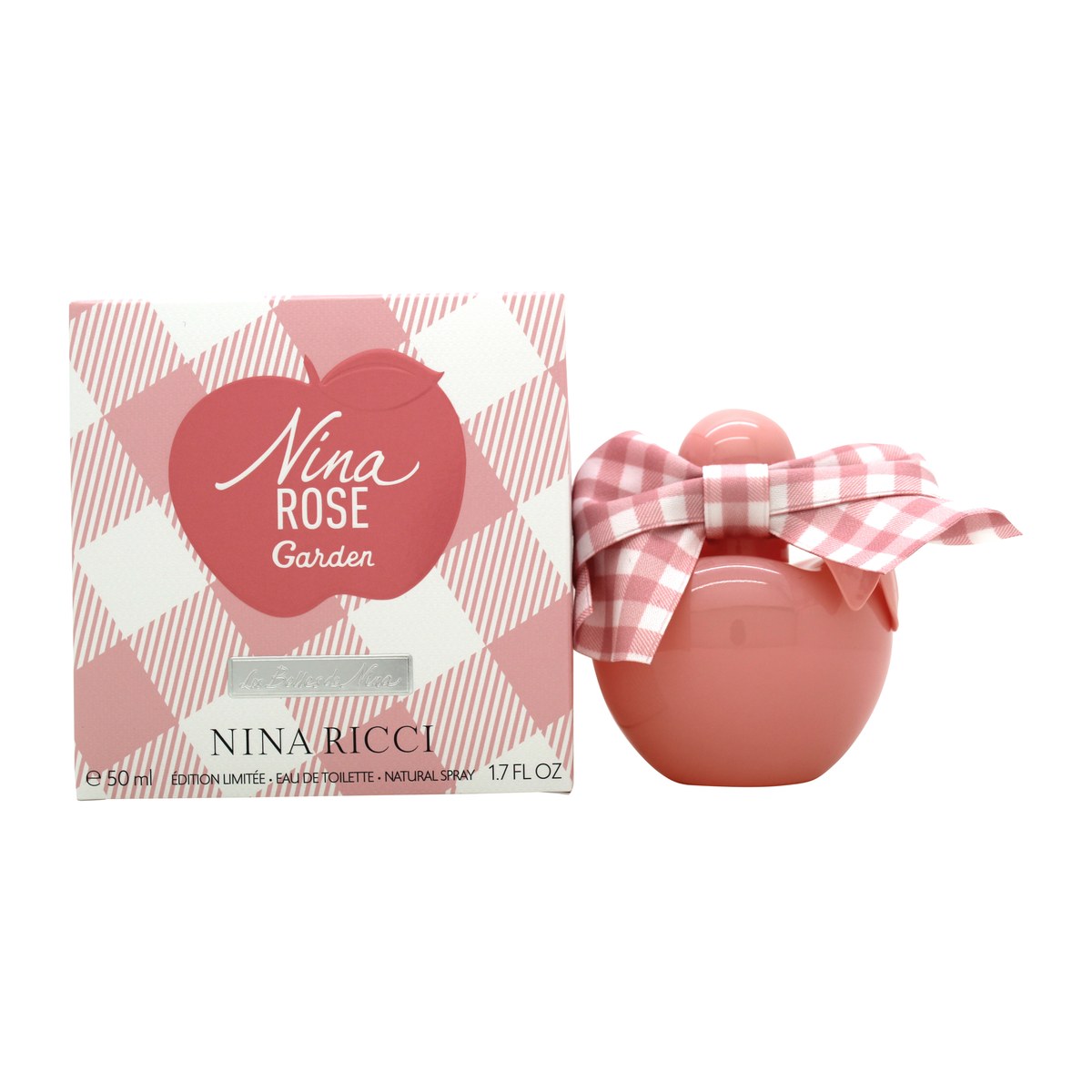 Nina Ricci Nina Rose Garden Eau de Toilette 50 ml – rund, klar glasflaske med lyserød duft og sølvkugleformet låg i enkelt design