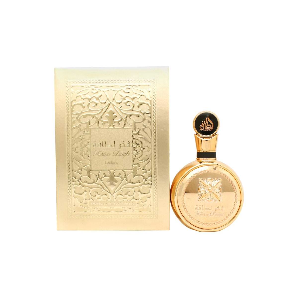 Lattafa Fakhar Extrait Eau de Parfum 100 ml fra Lattafa, sort rektangulær flakon med gulddetaljer og låg