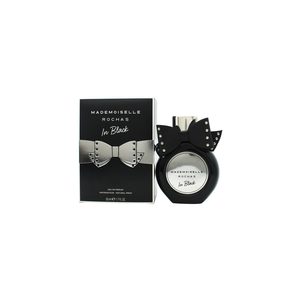 Rochas Mademoiselle In Black Eau de Parfum 50 ml – sort, facetteret glasflaske med rund hætte og elegant sløjfedetalje