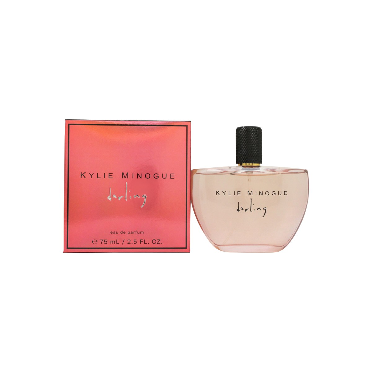 Kylie Minogue Darling Eau de Parfum 75 ml – dråbeformet glasflakon med rosa duft og sort forstøver med kvast.