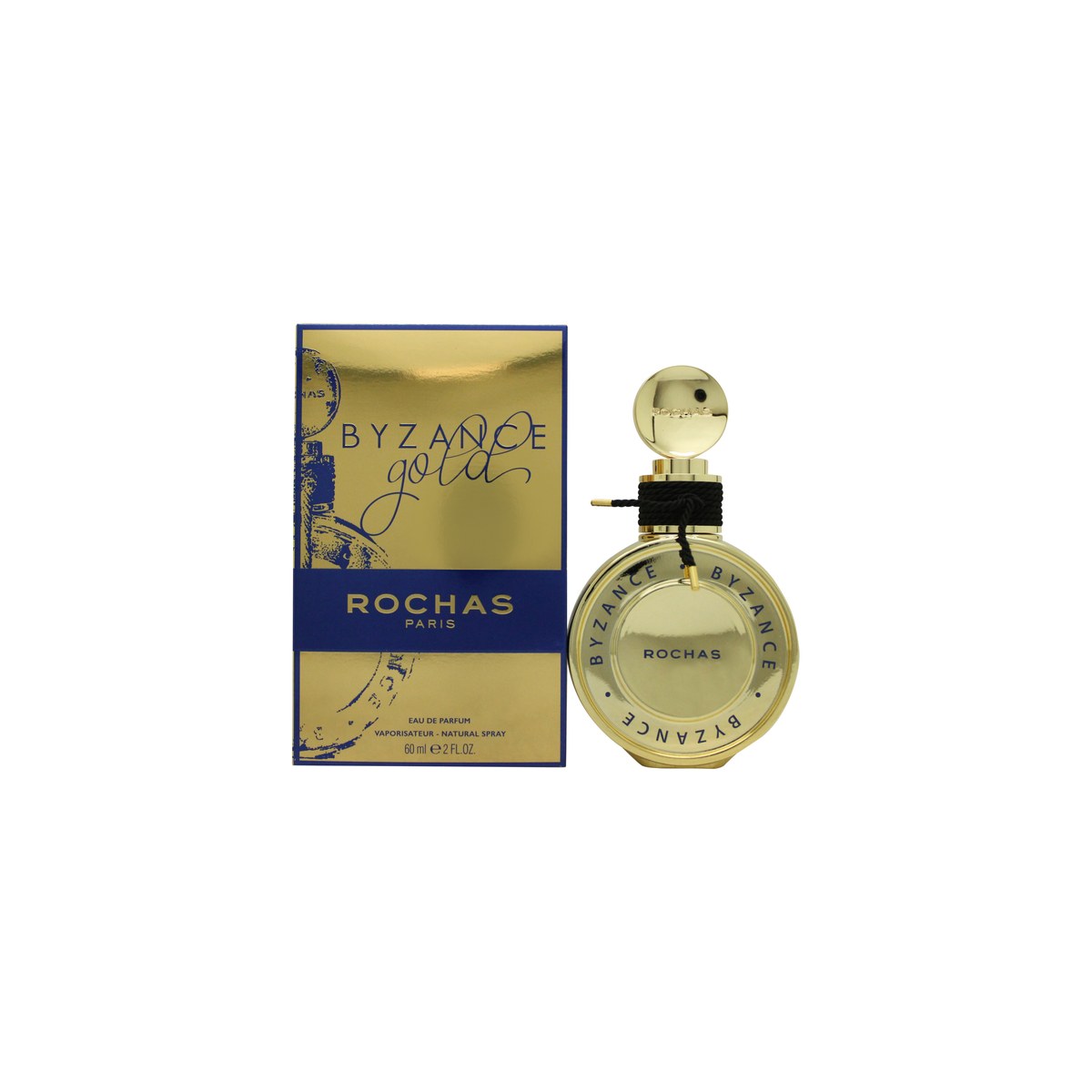 Rochas Byzance Gold Eau De Parfum 60 ml – rund guldfarvet flakon med riflet glas, smal talje og dekorativ gylden hætte