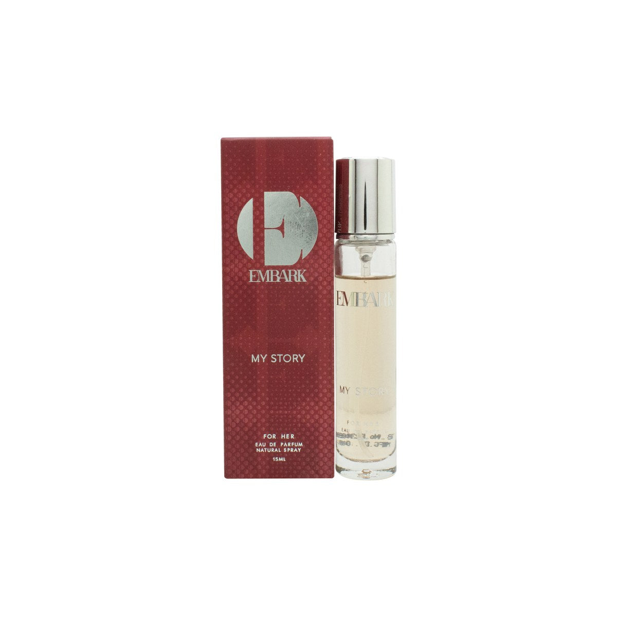 Embark My Story For Her Eau de Parfum 15 ml fra Embark – klar glasflakon med rosatonet duft og gyldent låg, enkelt design