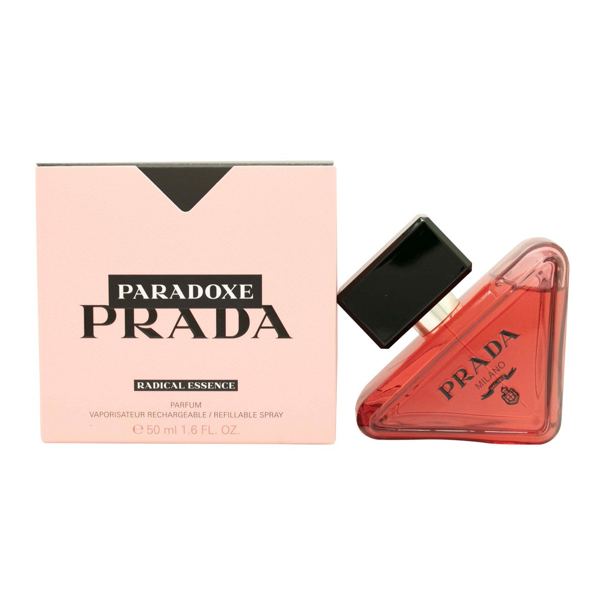 Prada Paradoxe Radical Essence Eau de Parfum 50 ml – trekantet flakon i ravtonet glas med sort logo og sort låg
