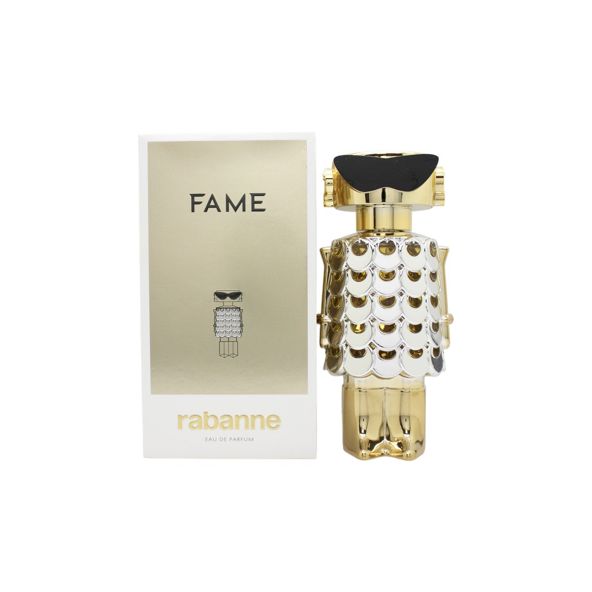 Paco Rabanne Fame Eau de Parfum 150 ml fra Paco Rabanne – guldfarvet robotformet flakon med sort kjole og metallisk finish.