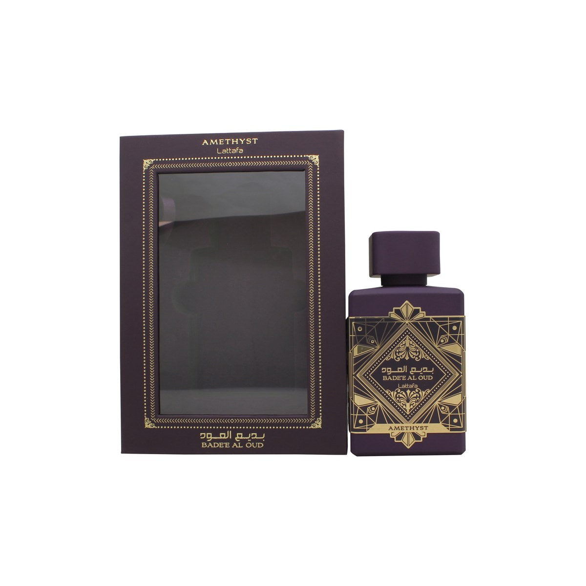 Lattafa Bade'e Al Oud Amethyst Eau de Parfum 100 ml fra Lattafa i mørklilla flakon med gyldent låg og detaljeret emblem