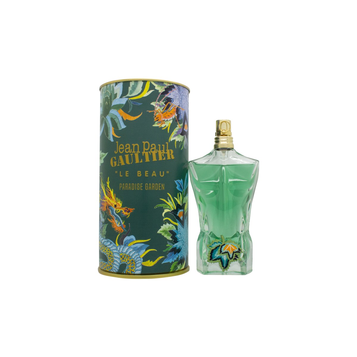 Le Beau Paradise Garden Eau De Parfum Jean Paul Gaultier 75 ml, turkisgrøn flakon formet som torso med tropisk blad