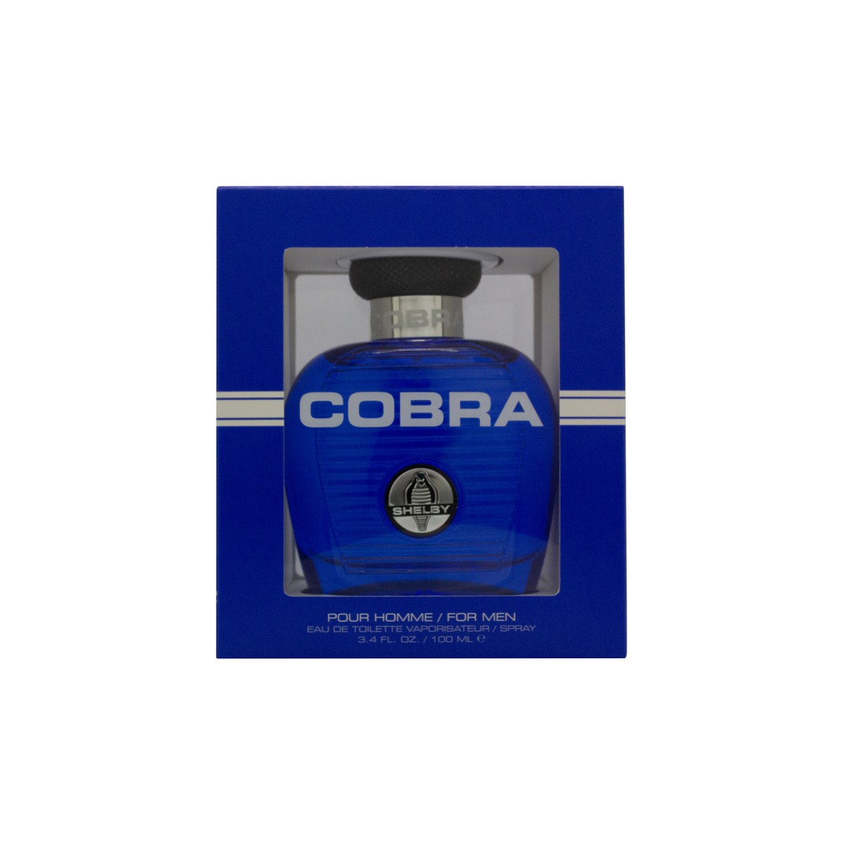 Carroll Shelby Blue Cobra Eau de Toilette 100 ml fra Carroll Shelby i mørkeblå glasflaske med sølvfarvet kork og cobra-logo
