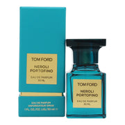Tom Ford Private Blend Neroli Portofino Eau de Parfum 30 ml – turkis rektangulær glasflaske med guldetiket og firkantet låg