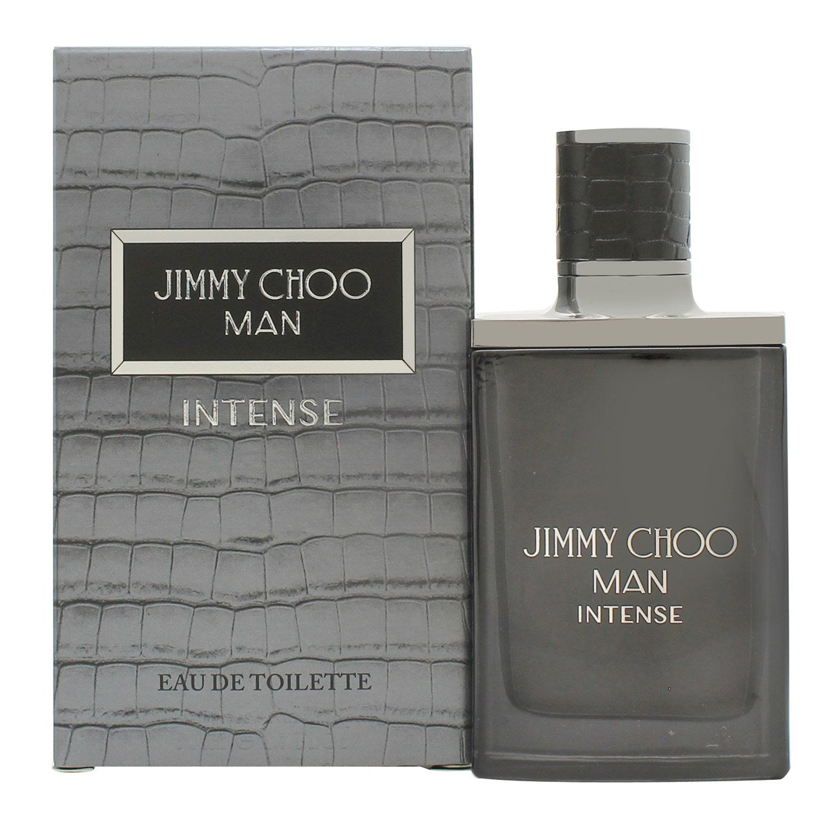 Jimmy Choo Man Intense Eau De Toilette, Jimmy Choo, 50 ml – sort glasflaske med mørkegråt låg og krokodillepræget stribe