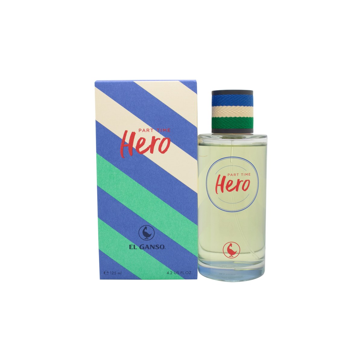 Part Time Hero Eau De Toilette El Ganso 125 ml, klar cylindrisk glasflaske med minimalistisk design og trefarvet låg