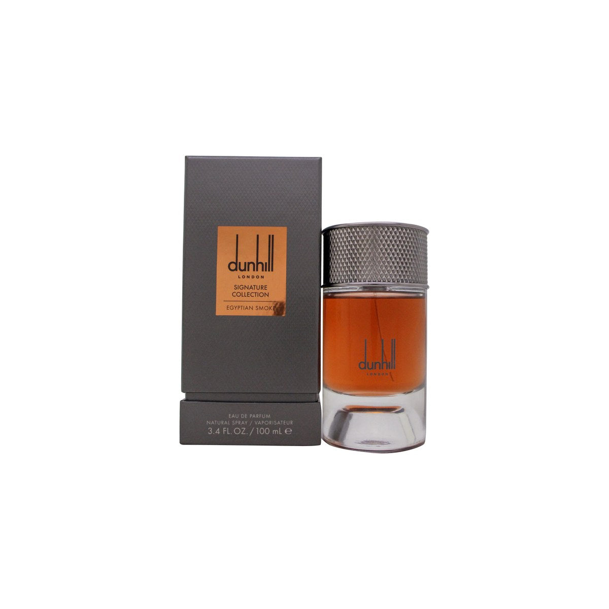 Dunhill Egyptian Smoke Eau de Parfum 100ml – mørk ravfarvet glasflaske med sort låg og enkelt, kantet design