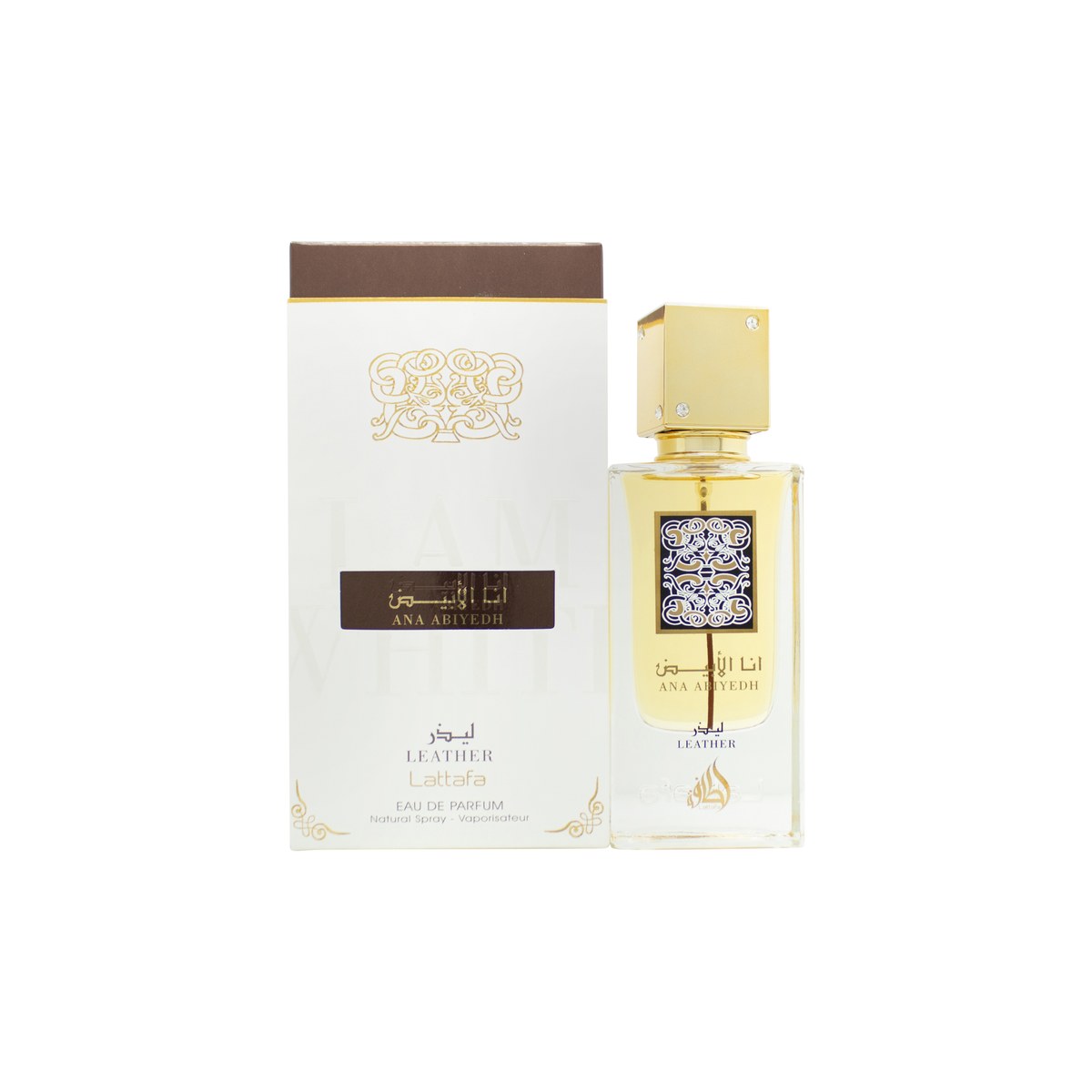 Lattafa Ana Abiyedh Leather Eau de Parfum, Lattafa, 60 ml – hvid, firkantet flakon med sølvdetaljer og minimalistisk design.
