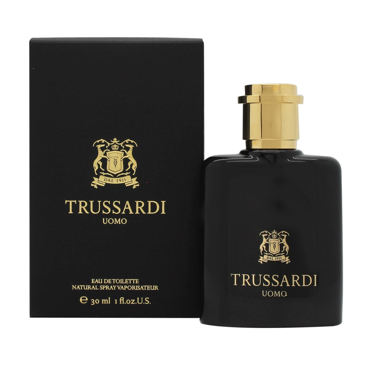 Trussardi Uomo 2011 Eau de Toilette, Trussardi, 30 ml – klar glasflaske med ravfarvet duft og sort rillet låg med sølvlogo