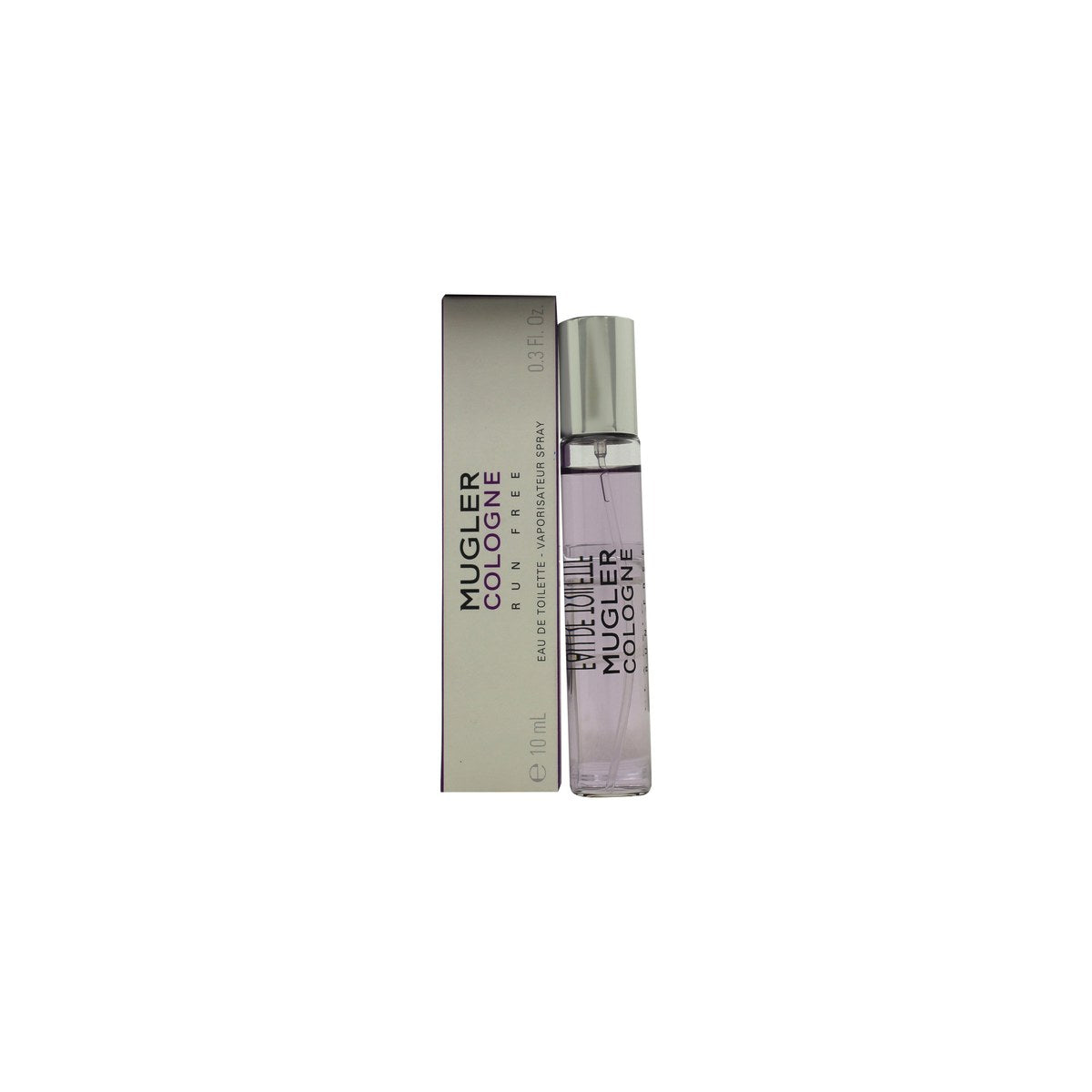 Thierry Mugler Cologne Run Free Eau de Toilette 10 ml fra Mugler – slank klar glasflaske med lysgrøn væske og sølvfarvet spraytop