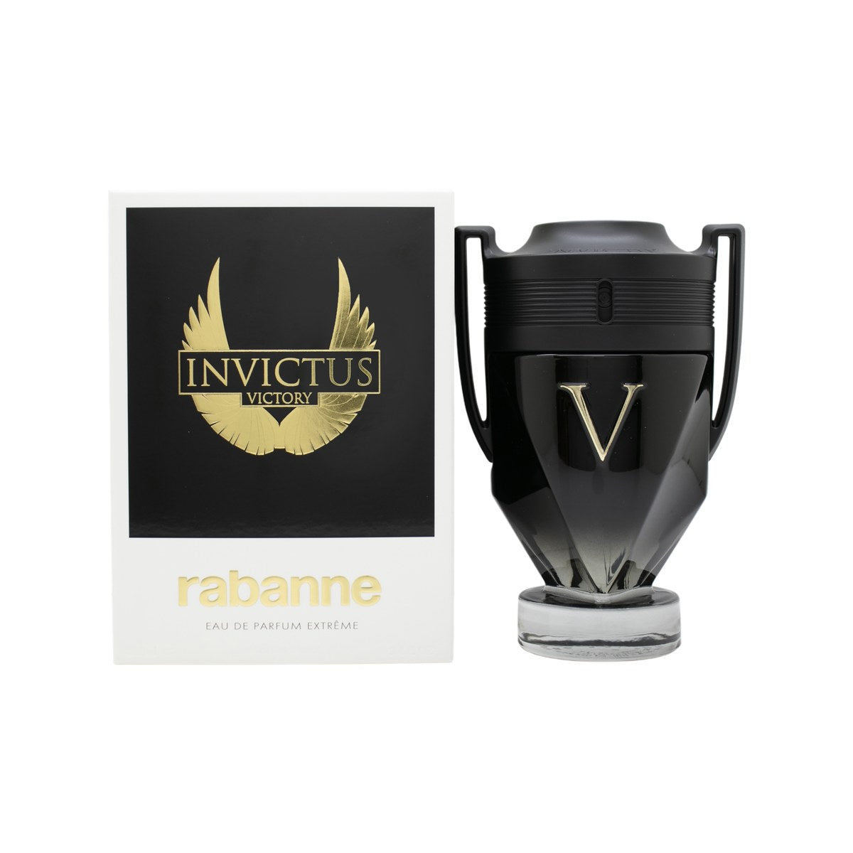 Paco Rabanne Invictus Victory Eau de Parfum Extreme 100 ml – mørk, pokalformet flakon med mat sort glas og gyldent V-logo