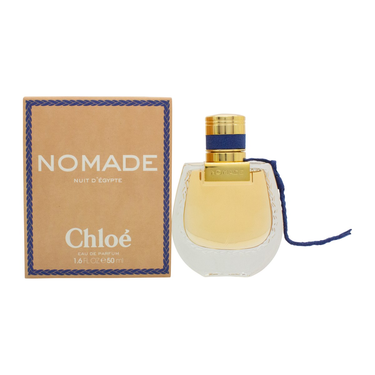 Nomade Nuit D'Egypte Eau De Parfum Chloé 50 ml – dybblå parfumeflakon med rund form, guldlåg og flettet hals