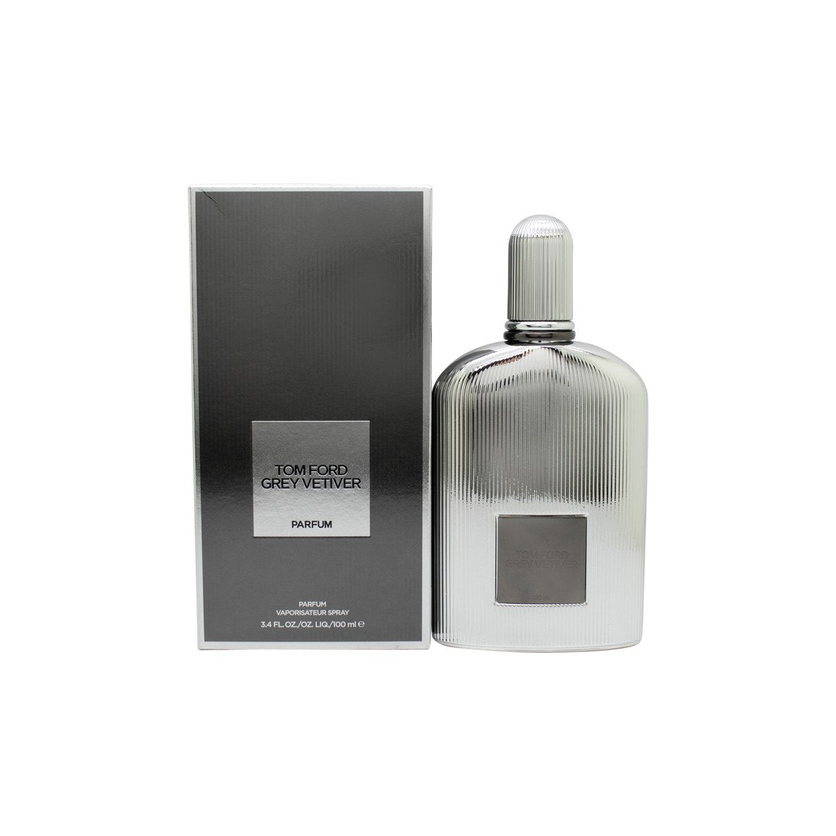 Tom Ford Grey Vetiver Parfum, Tom Ford, 100 ml i riflet glasflakon med sølvfarvet etiket og matchende metalkap.