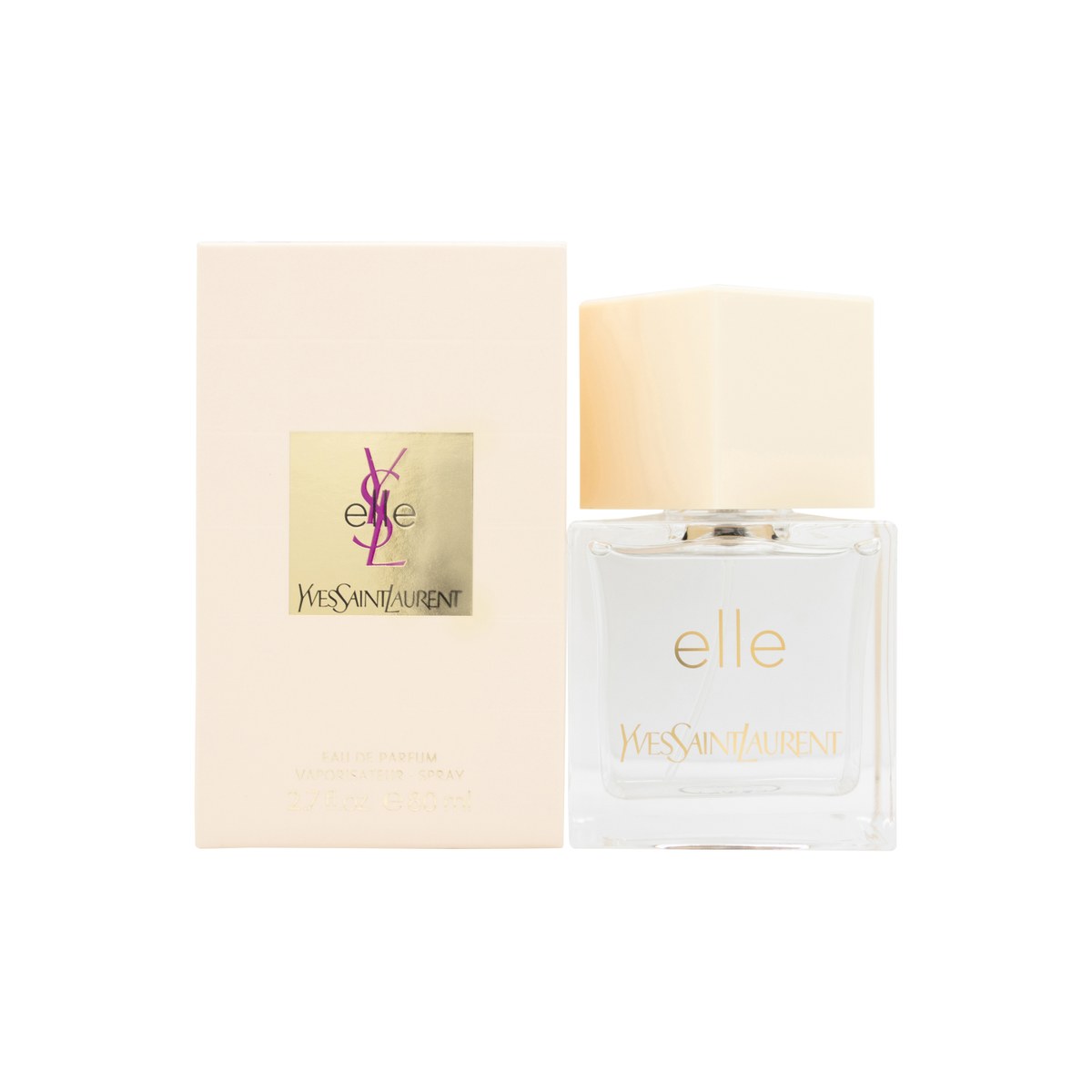 Yves Saint Laurent Elle 2024 Eau de Parfum 80 ml – pink, rektangulær glasflaske med gyldent YSL-logo og spraytop.