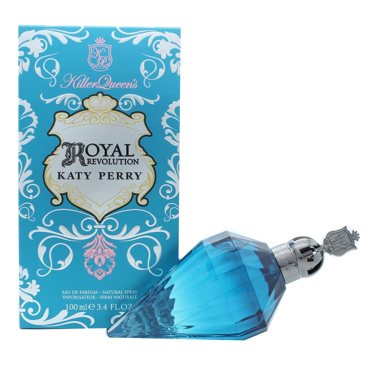 Katy Perry Royal Revolution Eau de Parfum 100 ml – mørkeblå, facetslebet flakon med sølvkrone som låg.