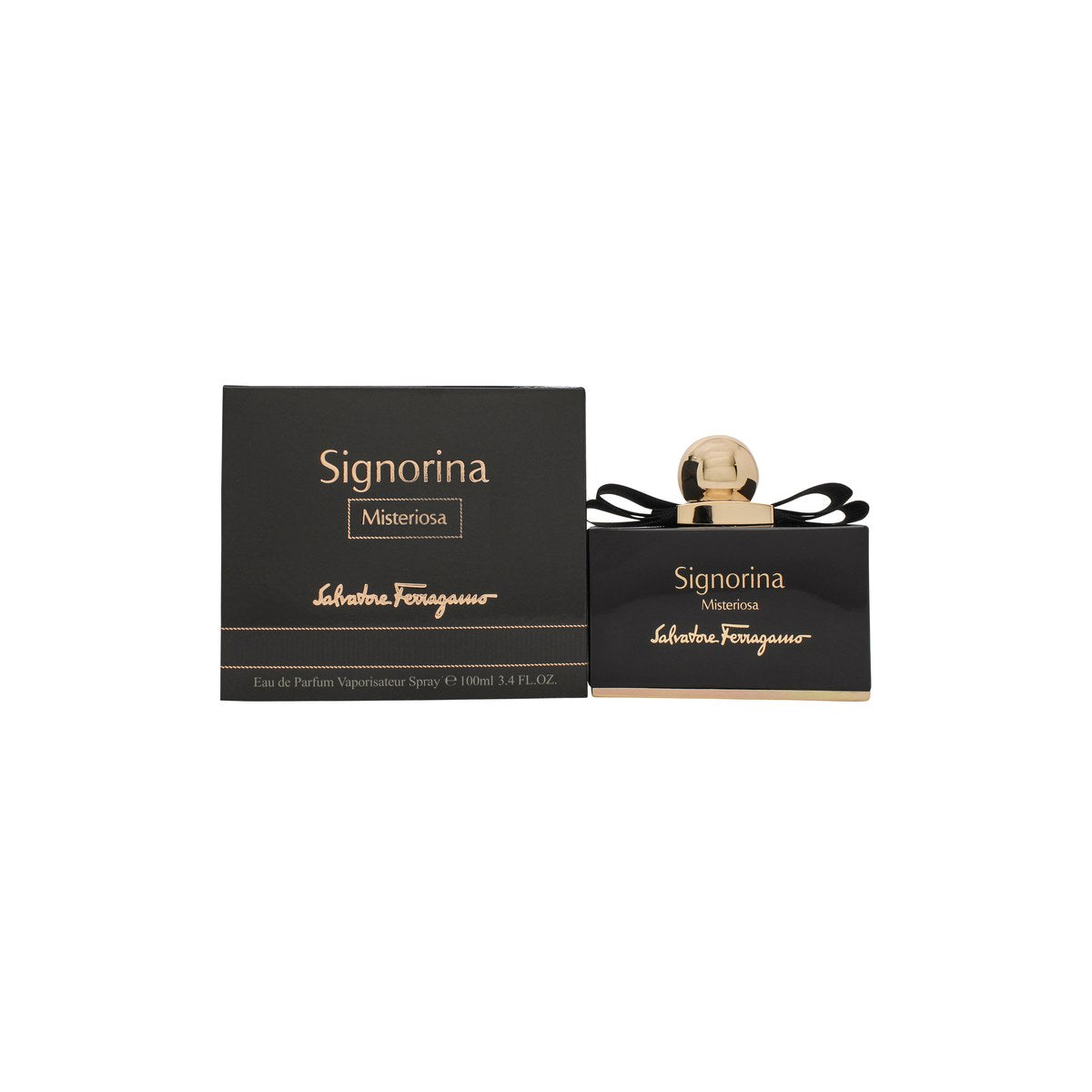 Salvatore Ferragamo Signorina Misteriosa Eau De Parfum, Ferragamo 100 ml, sort glasflaske med guldkugle og sorte bånd