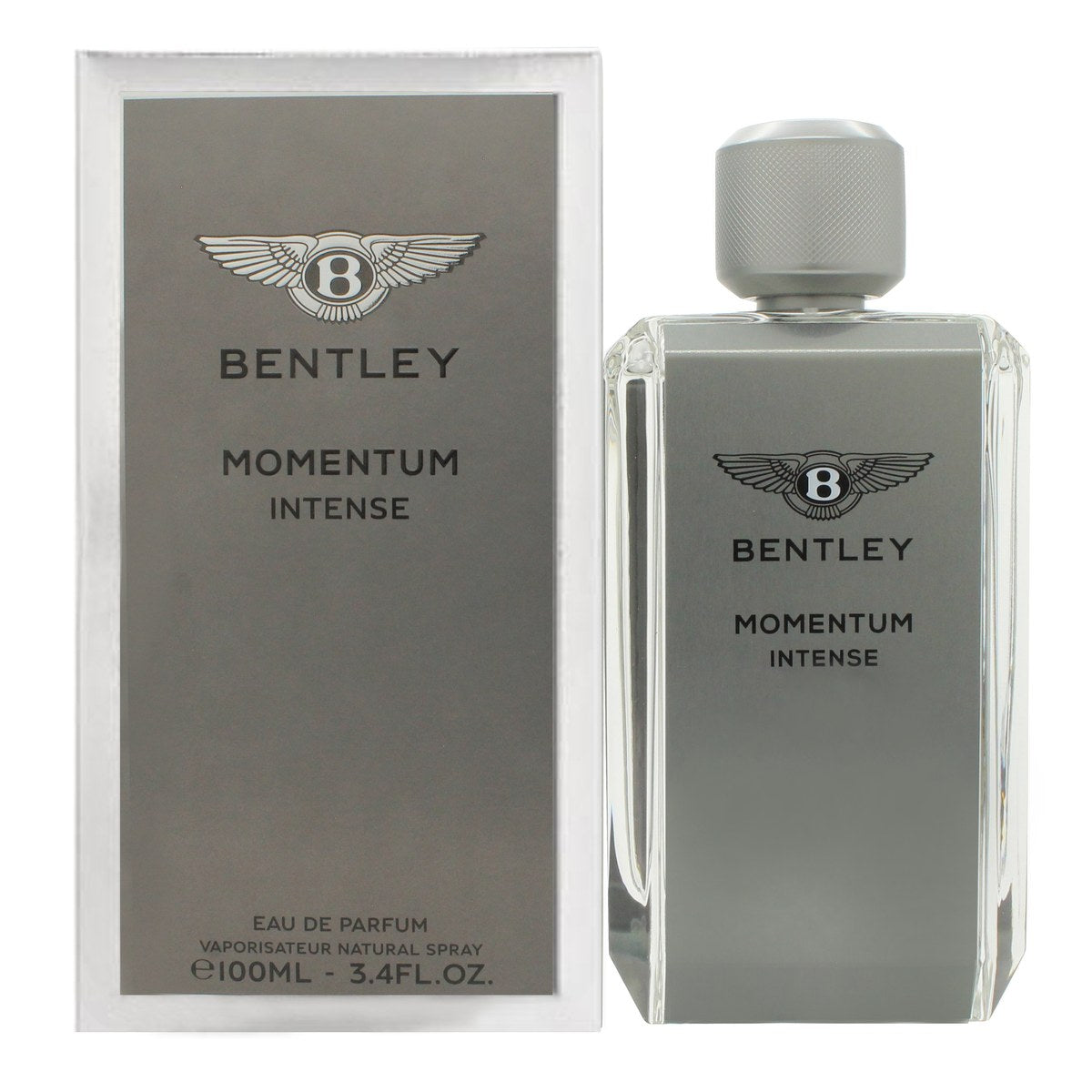 Bentley Momentum Intense Eau de Parfum 100 ml Bentley mørk glasflakon med sølvramme og sort låg, maskulint design