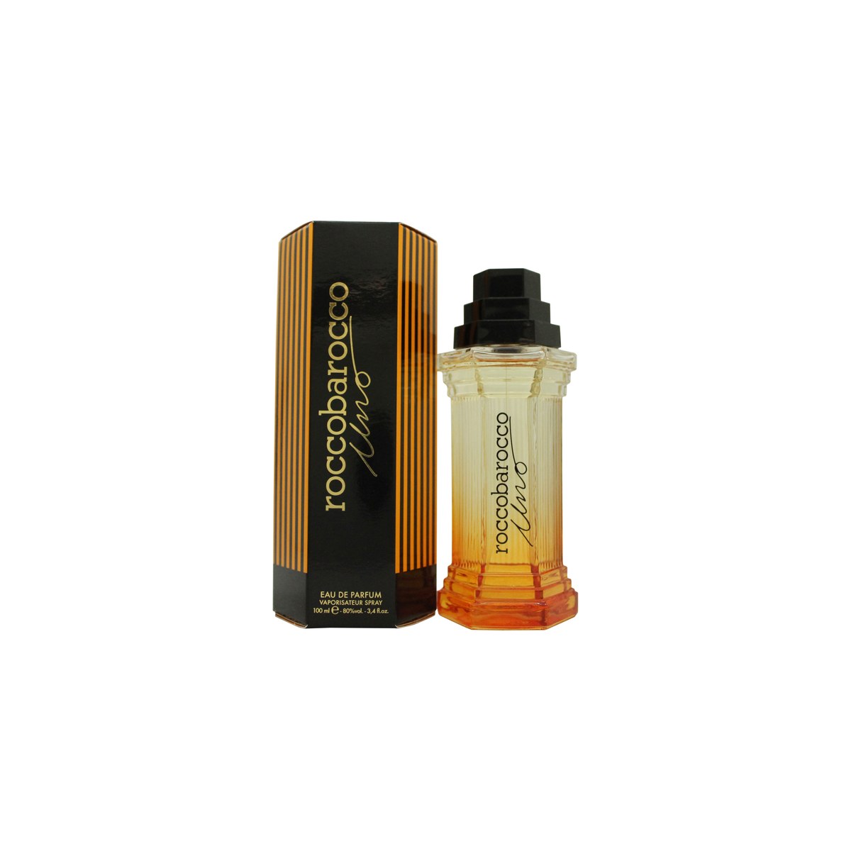 Roccobarocco Uno Eau de Parfum 100ml i klar glasflaske med gylden rund prop og ravfarvet duft, elegant buet design.