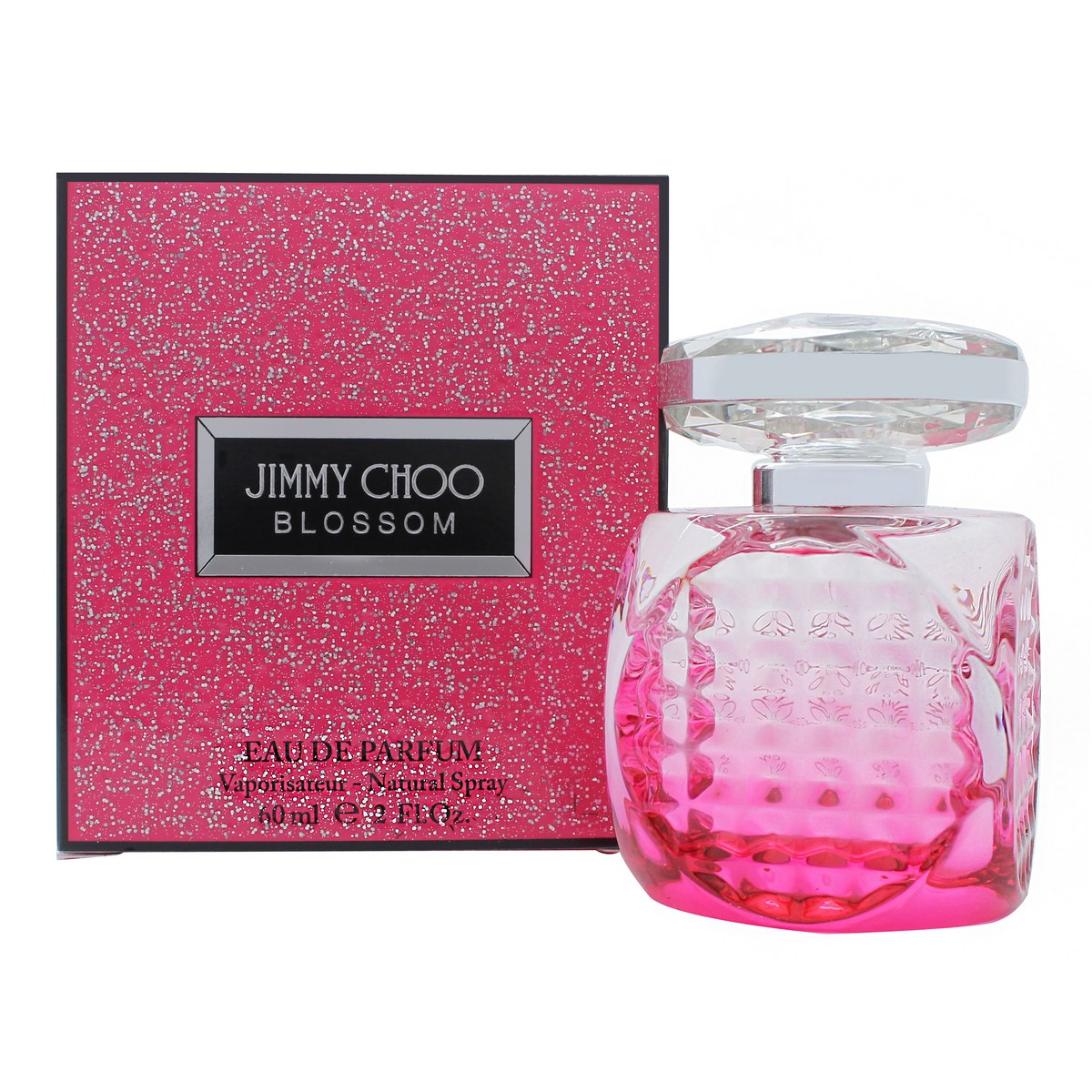 Blossom Eau De Parfum Jimmy Choo 60 ml, lyserød glasflaske med facetter, rund form og diamantlignende låg