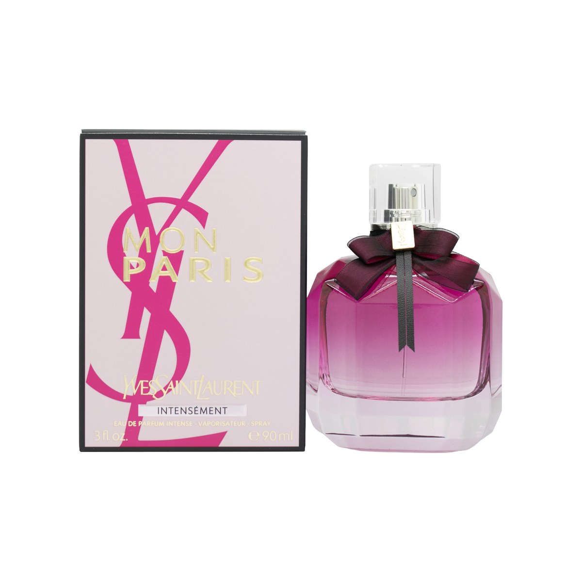Yves Saint Laurent Mon Paris Intensement Eau de Parfum 90 ml, hindbærrosa facetsleben flakon med sort sløjfe