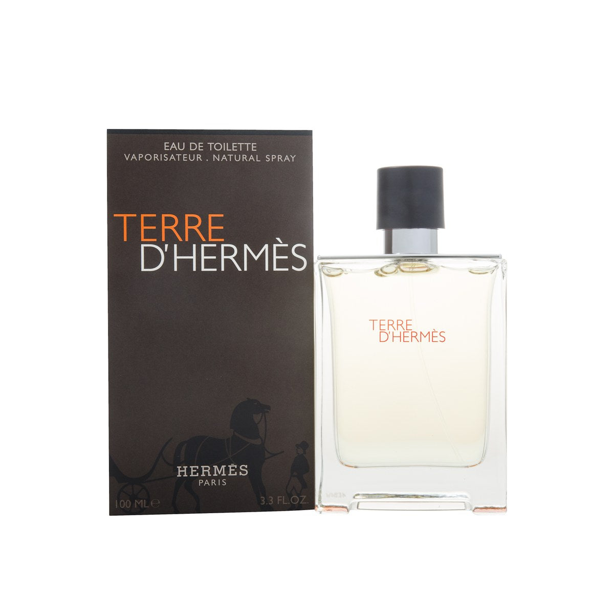 Terre D'Hermès Eau De Toilette Hermès 100 ml klar rektangulær glasflaske med orange H-base, metal skuldre og sort hætte