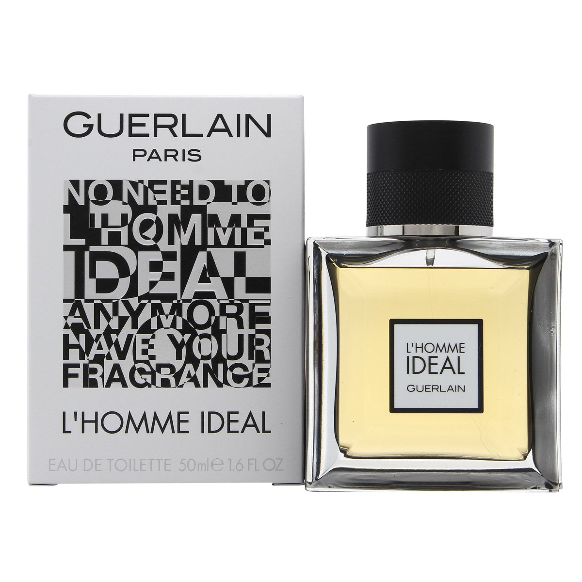 Guerlain L'Homme Ideal Eau de Toilette, Guerlain, 50 ml – firkantet flakon i klart glas med sort kant og mat sort låg