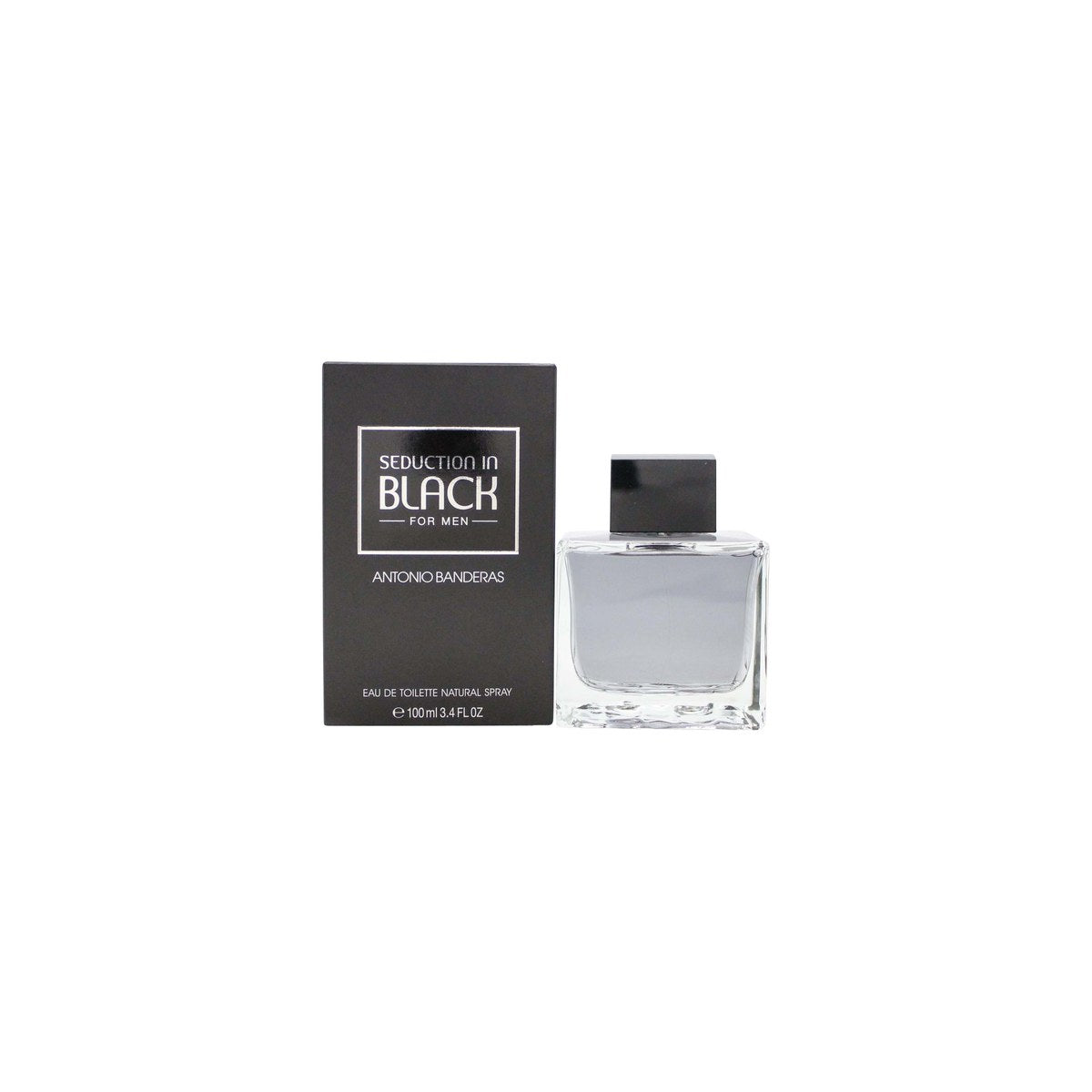 Antonio Banderas Seduction In Black Eau de Toilette 100 ml – mørk rektangulær glasflakon med sort hætte og diskret logo
