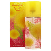 Green Tea Mimosa Eau De Toilette Elizabeth Arden 100 ml – rektangulær lysegrøn glasflaske med blomstermønster og gul prop