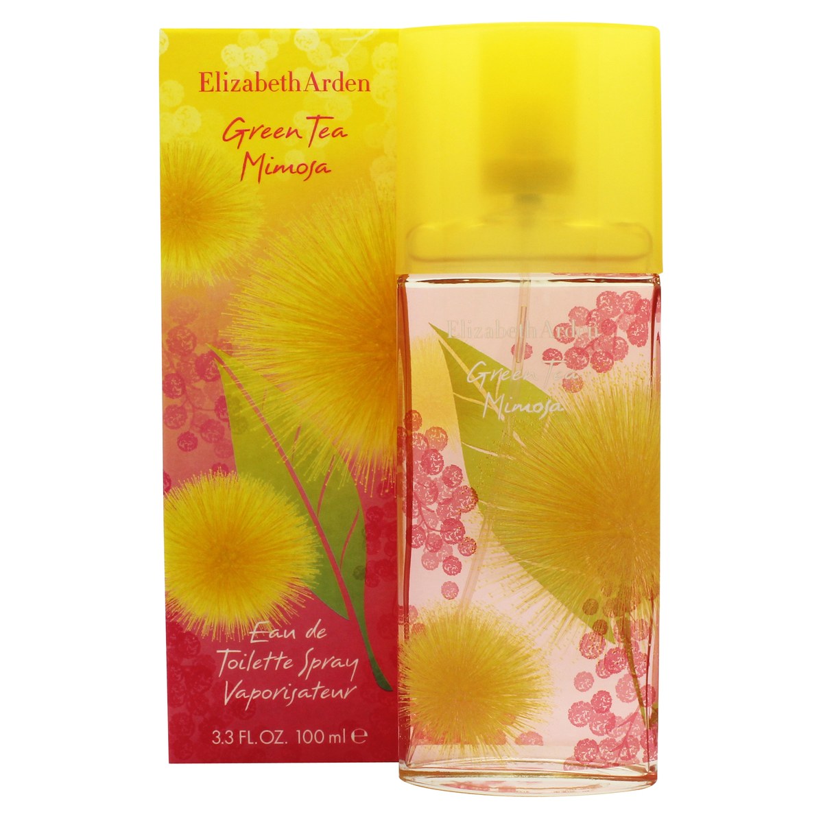 Green Tea Mimosa Eau De Toilette Elizabeth Arden 100 ml – rektangulær lysegrøn glasflaske med blomstermønster og gul prop
