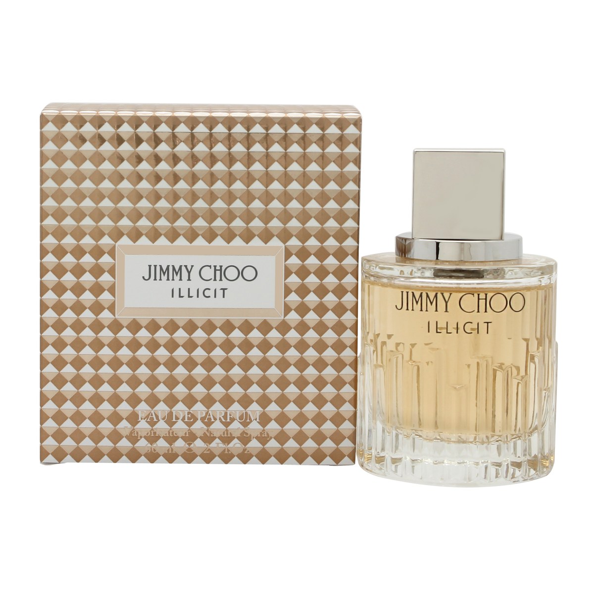 Illicit Eau De Parfum, Jimmy Choo, 60 ml – gylden facetslebet flaske med skrå kanter og sort låg, elegant og moderne