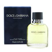 Dolce & Gabbana Pour Homme Eau De Toilette 75 ml, klar rektangulær glasflaske med afrundede skuldre og mørkeblåt låg