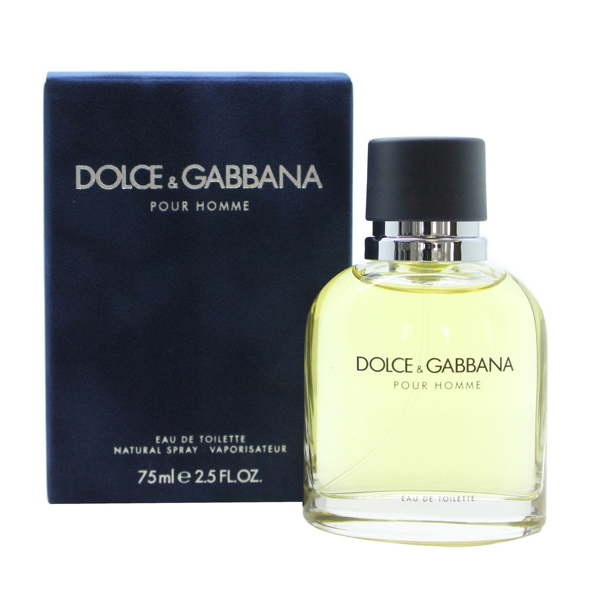Dolce & Gabbana Pour Homme Eau De Toilette 75 ml, klar rektangulær glasflaske med afrundede skuldre og mørkeblåt låg