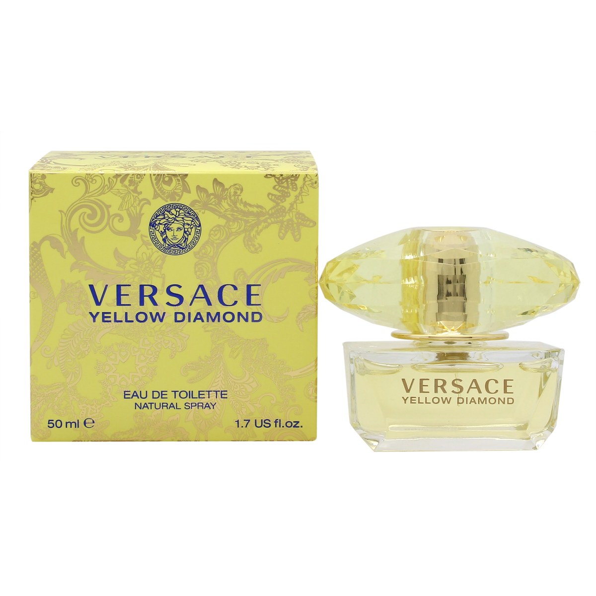 Versace Yellow Diamond Eau De Toilette – Versace 50 ml, facetteret gul glasflaske med krystallignende prop og soligt udtryk