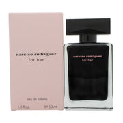 For Her Eau De Toilette Narciso Rodriguez 50 ml med klar glasflakon, sort lakindlæg og lyserød æske i minimalistisk design