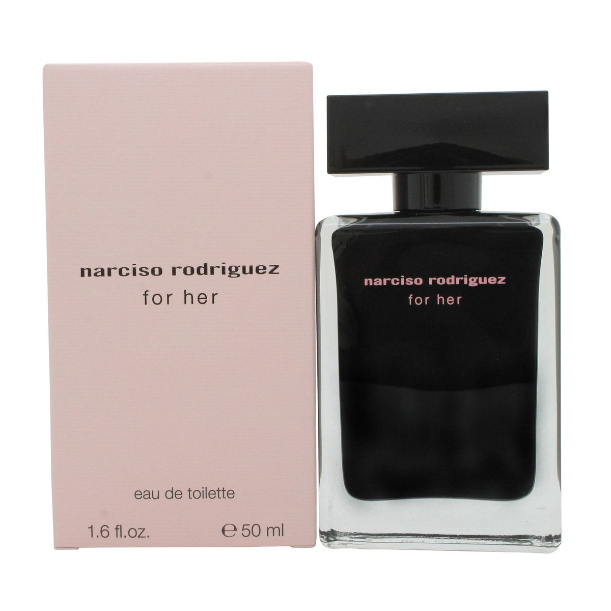 For Her Eau De Toilette Narciso Rodriguez 50 ml med klar glasflakon, sort lakindlæg og lyserød æske i minimalistisk design